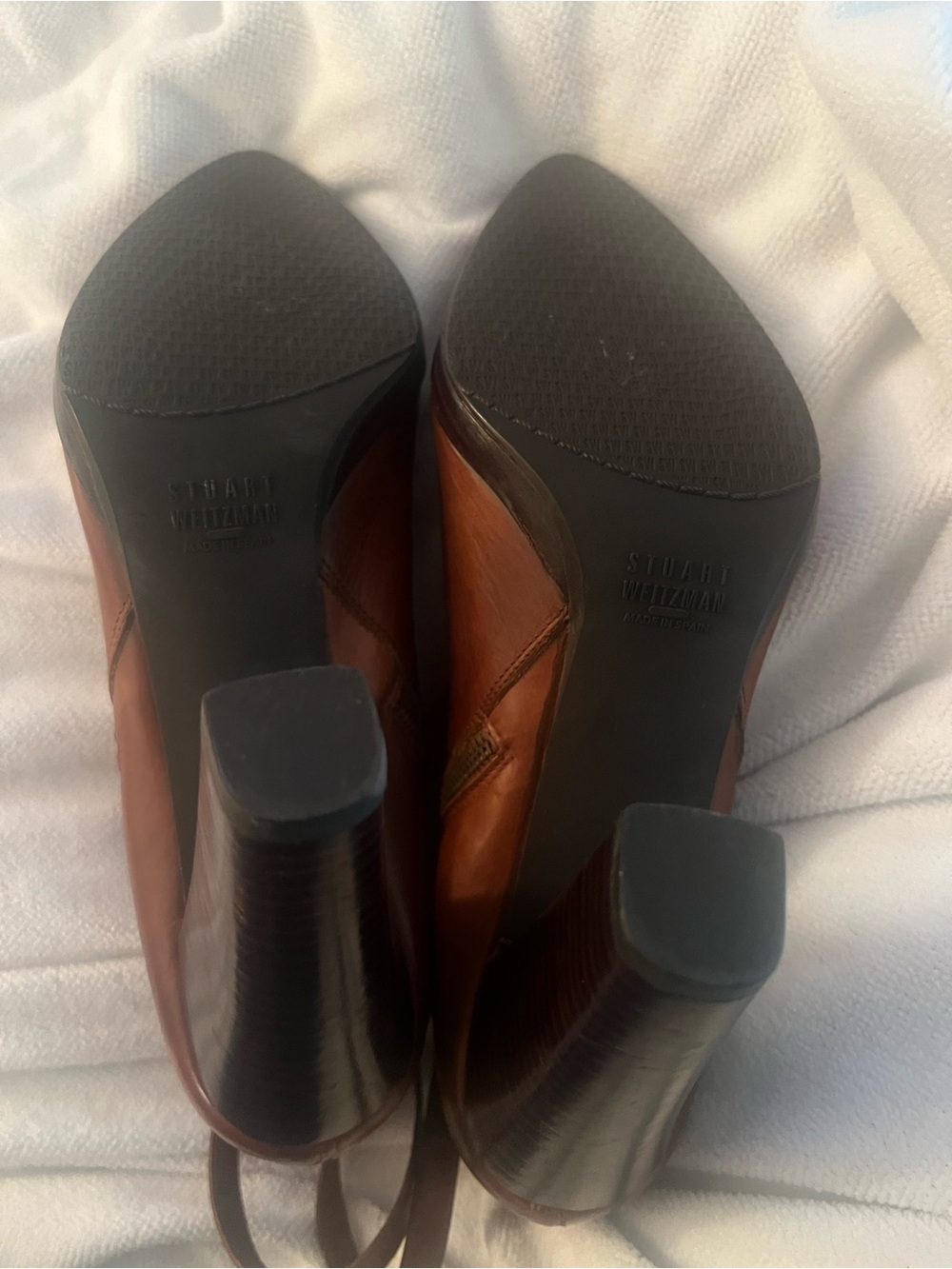 Stuart Weitzman Cognac Brown Leather Block Heel Ankle Booties - Picture 9 of 11
